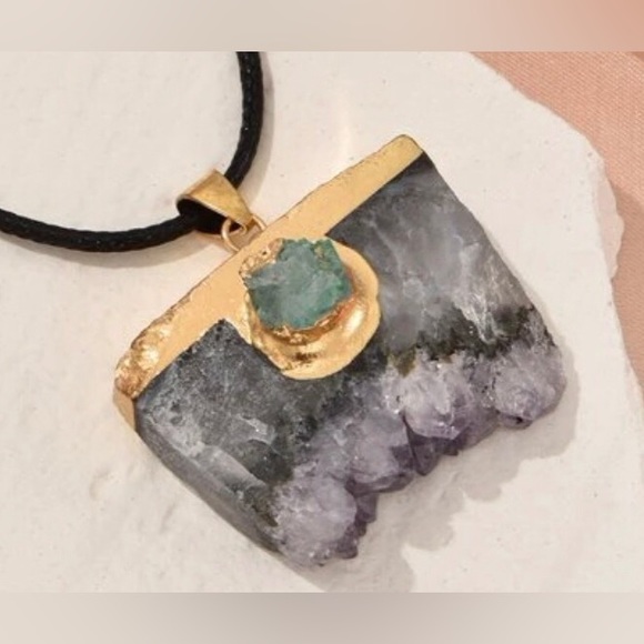 Amethyst Cluster Gold Dipped Square Geometric Aqua Sugar Quartz Crystal Necklace - Picture 1 of 5
